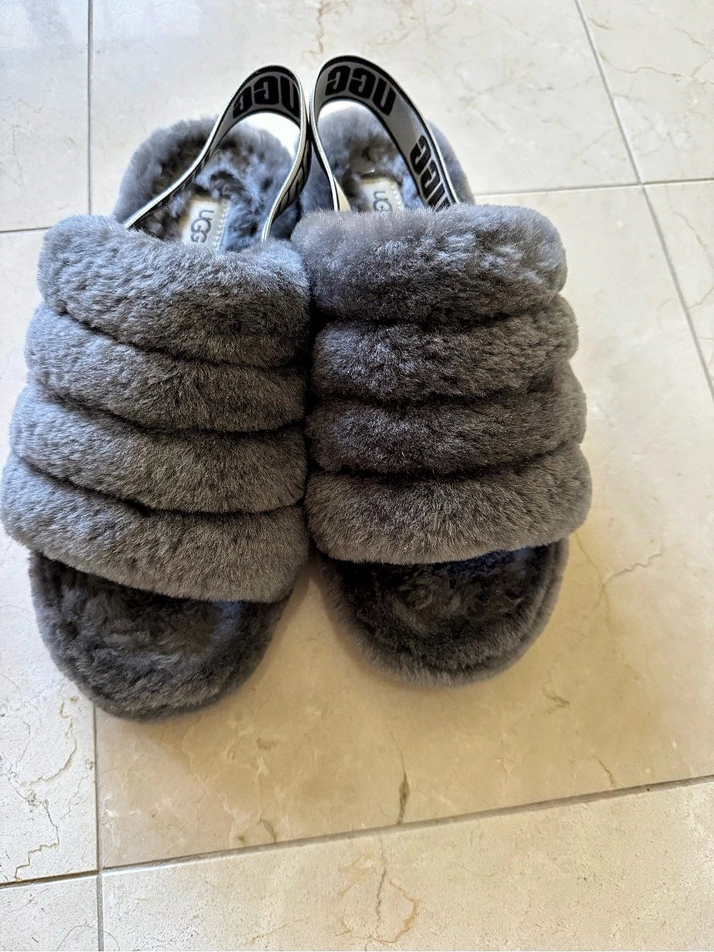 UGG Fluff Yeah Slide Plush Logo Strap Slippers in Gray